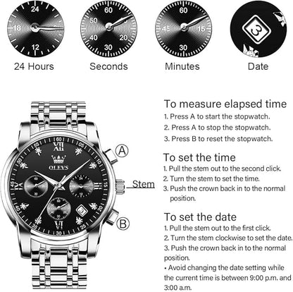 OLEVS Men's Stainless Steel Chronograph Watch, Big Face Gold Silver Black Tone Easy to Read Analog Quartz Watch, Luxury Waterproof Date Diamond Roman Arabic Numerals Dial Dress Watch for Men