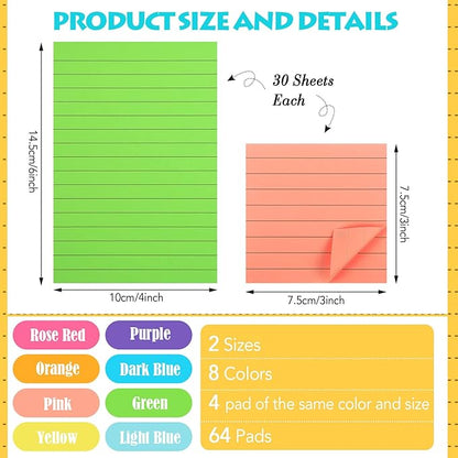 Yexiya 64 Pcs Lined Sticky Notes Self Stick Notes with Lines Bright Assorted Colors Sticky Pad for Home Office Products Post Memos, 1920 Sheets(4 x 6 Inch, 3 x 3 Inch,Vivid Color)
