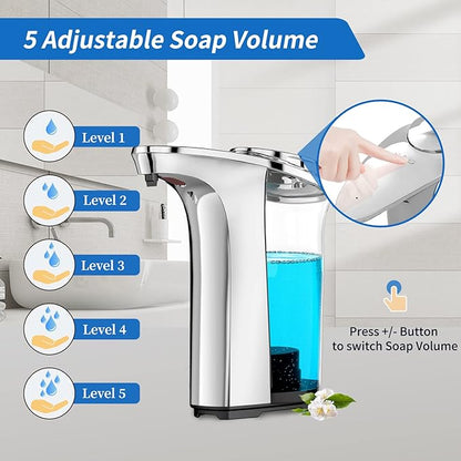 Automatic Soap Dispenser, Touchless Sensor Hand Soap Dispenser 17oz/500ml Silver, Adjustable 5 Dispensing, Refillable Reservoir, Battery Powered for Kitchen & Bathroom