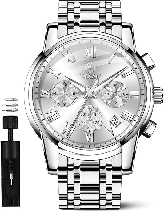 Mens Silver Watch Luxury Minimalist Dress Watch Classic Waterproof Watches for Men Analog Quartz Stainless Steel Men's Wrist Watches with Date Luminous Relojes para Hombres