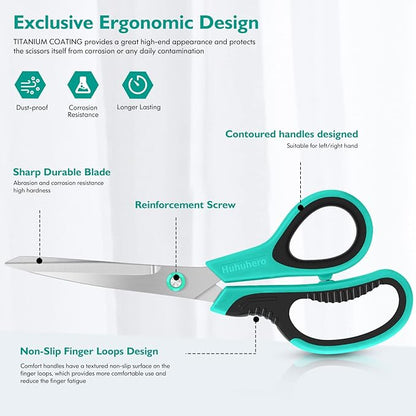 Huhuhero 8.7" Multipurpose Scissors Heavy Duty, Titanium Sharp Scissors for Office Home Sewing High School Students, Comfort Grip Shears Multipack Set of 3, Art Craft Supplies