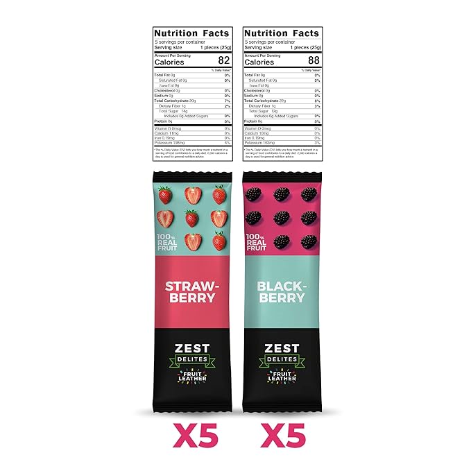 Dried Fruit Bars by Zest Delites, Fruit Leather, Healthy Snacks Pack for Adults & Kids, Lavashak, Vegan, Apple-Based Strips, Blackberry, Strawberry, 0.88 oz x 10