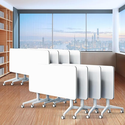 Folding Conference Table,Movable Conference Room Table with Wheels,White Wood Rectangular Conference Table with Modern Business Style,Modular Meeting Training Tables for Office Classroom(8,47.2'')