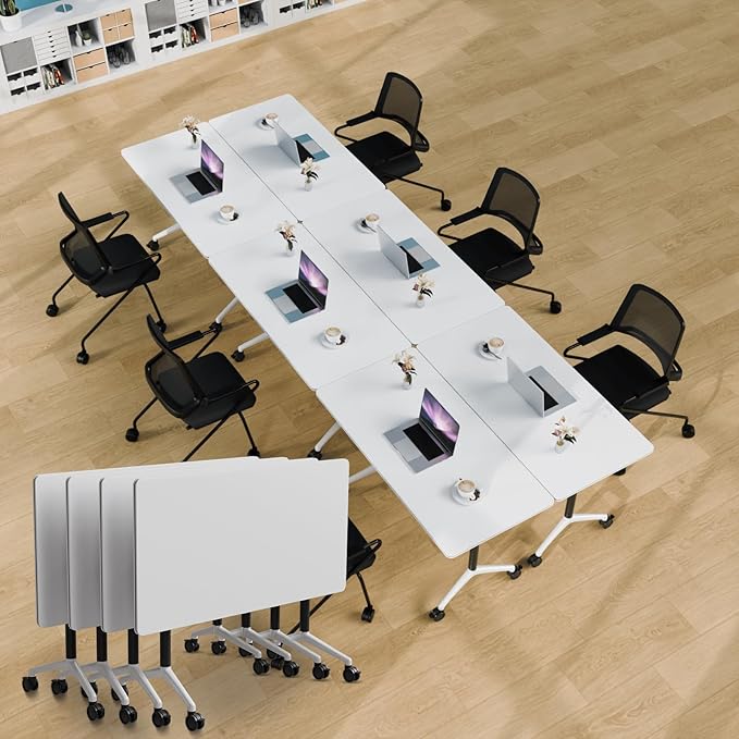 Conference Table Folding Conference Room Tables, Modern Mobile Meeting Training Table with Silent Wheels, Foldable Seminar Table for Offices, Classrooms, Libraries (4, white2, 55.1in)