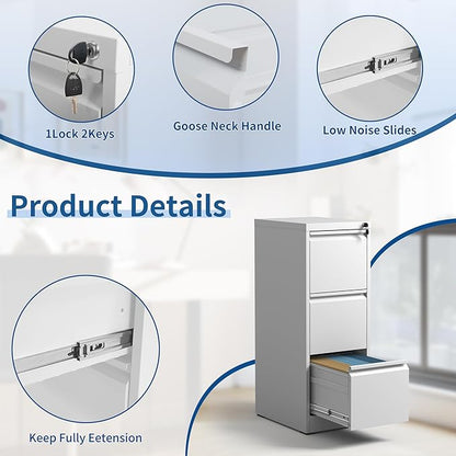 3-Drawer Locking Vertical File Cabinet, Metal Storage Cabinet for Office/Home – Secure Vertical Filing for Letter/Legal/A4/F4 Documents, Easy to Assemble Steel Cabinet (White, 3 Drawer-40 H)