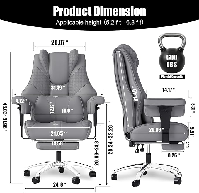 600LBS Big and Tall Office Chair, Oversized Leather Executive Chair with Foot Rest, Wide Ergonomic High-Back Reclining Computer Desk Chair for Heavy People with Lumbar Support and Rolling Wheels