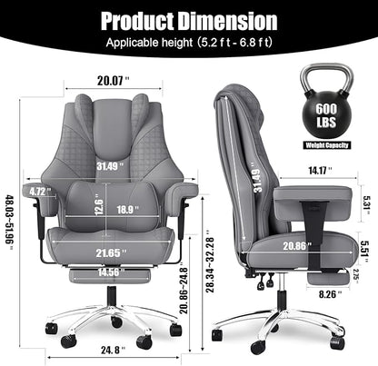 600LBS Big and Tall Office Chair, Oversized Leather Executive Chair with Foot Rest, Wide Ergonomic High-Back Reclining Computer Desk Chair for Heavy People with Lumbar Support and Rolling Wheels