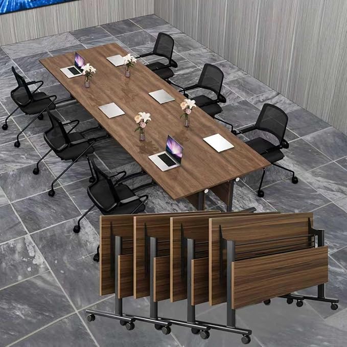 Conference Table Folding Conference Room Tables, Modern Mobile Meeting Training Table with Silent Wheels, Foldable Seminar Table for Offices, Classrooms, Libraries (4, Walnut, 55.1in)