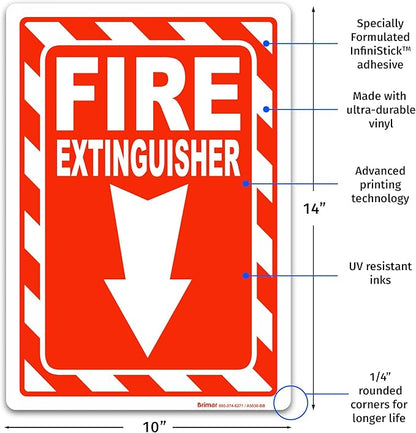 Brimar - 10" x 14" - Fire Extinguisher Sign - 3.5 Mil InfiniStick™ Vinyl Label - Easy Installation - Parking Regulation Compliance