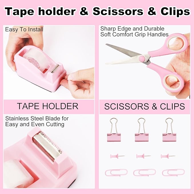 Desk Organizers and Accessories Set with 360-Degree Rotating Pen Holder, Tape Dispenser, Stapler, Staple Remover, 1000 Staples, Tape, Clips Set, Ruler, Scissor, Pen (Pink, 10 Pcs Set)