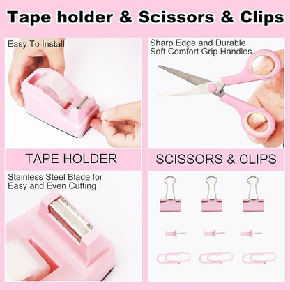 Desk Organizers and Accessories Set with 360-Degree Rotating Pen Holder, Tape Dispenser, Stapler, Staple Remover, 1000 Staples, Tape, Clips Set, Ruler, Scissor, Pen (Pink, 10 Pcs Set)