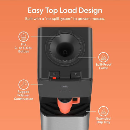 Brio CLTL130SS 130 Series Top-Load Water Cooler Dispenser for 3- and 5-Gallon Bottles, Hot & Cold, Spill-Free Loading, Child Safety Lock, Energy Star 3.0, Black & Stainless