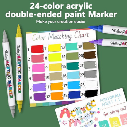 24 Colors Dual Tip Acrylic Paint Markers Set, Fine Tip and Brush Tip Acrylic Paint Pens with 10 Pages Coloring Paper for Rocks, Wood, Canvas, Stone, Paper, Fabric, Glass, DIY Crafts