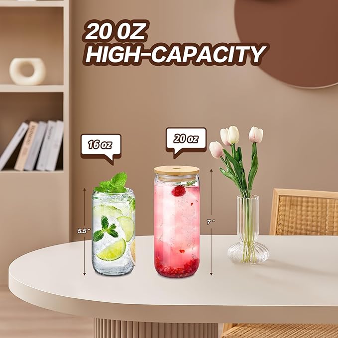 20oz Glass Cups with Lids and Straws Set of 4 – Aesthetic Large Iced Coffee Tumblers for Women, Friends, or Couples – Gift-Ready Reusable Drinkware for Home, Office, or Christmas