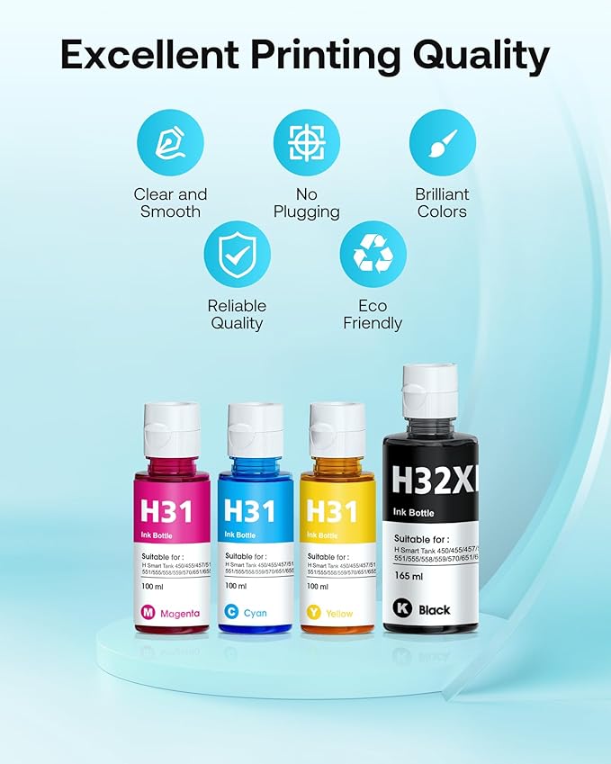 31 32XL Ink Bottle Set High Yield Ink Refills Compatible for HP Smart Tank 5101 7301 7602 7001 6001 Plus 551 651 455 457 450 All-in-One Printers, 4-Pack (165ML 32XL Black Ink, 100ML 31 Color Ink)