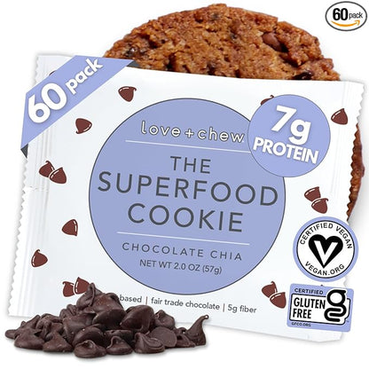 Love + Chew Superfood Soft Baked Cookies, Chocolate Chia Flavor, Plant Based Cookie Made With Chia Seeds & Dark Chocolate for Kids and Adults, Vegan Snacks, Gluten Free, Paleo, Non GMO, 60 Pack