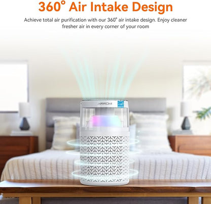 AIRROMI Air Purifiers for Bedroom Home,Up to 658 Ft²,Activated Carbon Filter Cleaner,With Fragrance Sponge for Better Sleep,Night Light,Pet Dander,Allergies,Smoke,Odor,Desktop Air Cleaner A2002 White