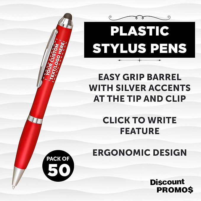 DISCOUNT PROMOS Custom Plastic Stylus Pens Set of 50, Personalized Bulk Pack - Black Ink, Great for Office, School, Business, Tradeshows, Events - Red