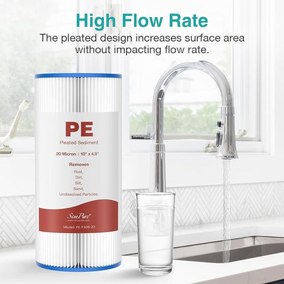 SimPure 10"x4.5" Pleated Sediment Water Filter, 20 Micron Whole House Water Filter Cartridge for Well Water Compatible with FXHSC, ECP20-BB, R50-BBSA, CB1-SED10-BB (4 Pack)