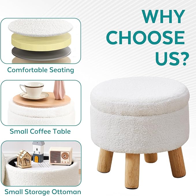 Small Foot Stool Ottoman with Storage, Sherpa Ottoman Foot Rest for Couch, Round Footstool with Storage, Small Ottomans and Footstools for Living Room and Entryway (White)