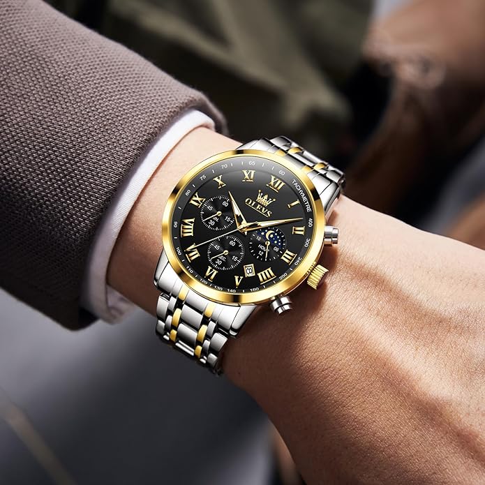 OLEVS Mens Stainless Steel Chronograph Watch, Big Face Roman Numerals Date Analog Quartz Dress Watches for Men, Fashion Multifunctional Waterproof Luminous Hands Men's Wristwatch