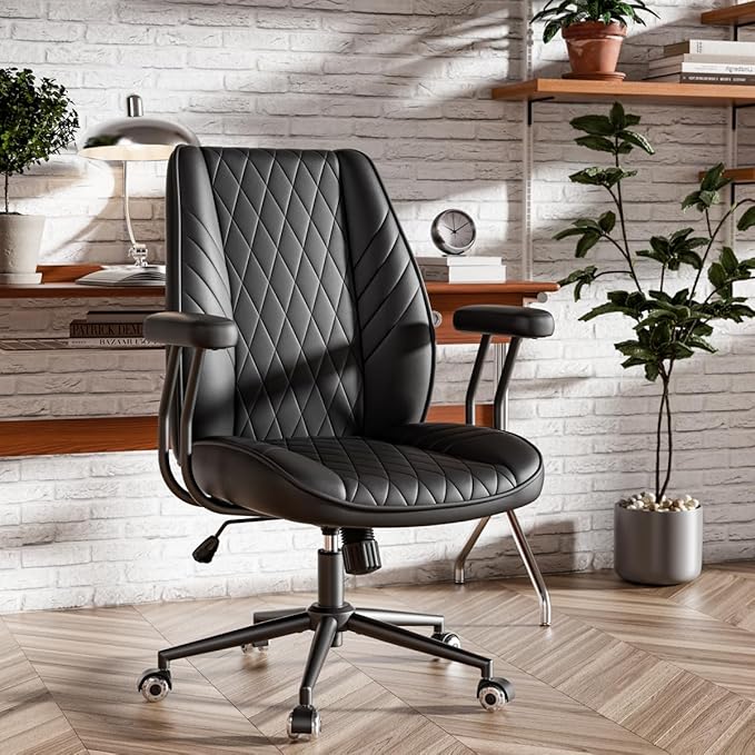 Black Leather Office Desk Chair with Wheels, Quiet Casters, Height Adjustable, Padded Arms, Vintage Mid Century Office Chair, Retro Style Desk Chair