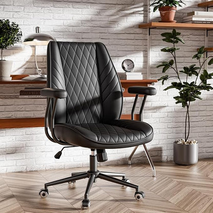 Black Leather Office Desk Chair with Wheels, Quiet Casters, Height Adjustable, Padded Arms, Vintage Mid Century Office Chair, Retro Style Desk Chair