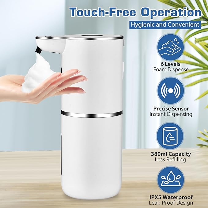 Automatic Foaming Soap Dispenser, LED Display Touchless Foam Hand Soap Dispenser for Bathroom Countertop, Kitchen, 6-Level Adjustable,380ML, Rechargeable(White)