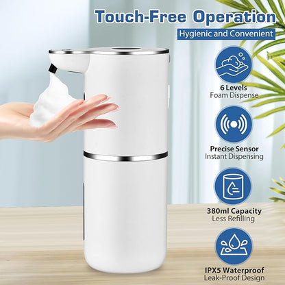 Automatic Foaming Soap Dispenser, LED Display Touchless Foam Hand Soap Dispenser for Bathroom Countertop, Kitchen, 6-Level Adjustable,380ML, Rechargeable(White)