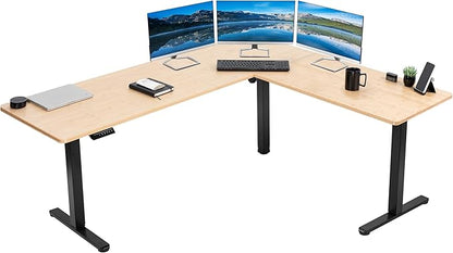 VIVO Electric Corner 75 x 63 inch L-Shaped Standing Desk, Memory Height Adjustment, Real Bamboo Top Black Frame, DESK-E3CTBO-75