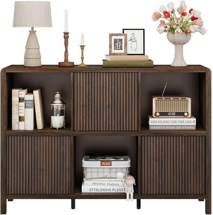 FATORRI 6 Cube Storage Organizer Book Shelf, Horizontal Bookshelf with 3 Doors, 3 Tier Wooden Bookcase for Living Room, Home Office (Dark Walnut)