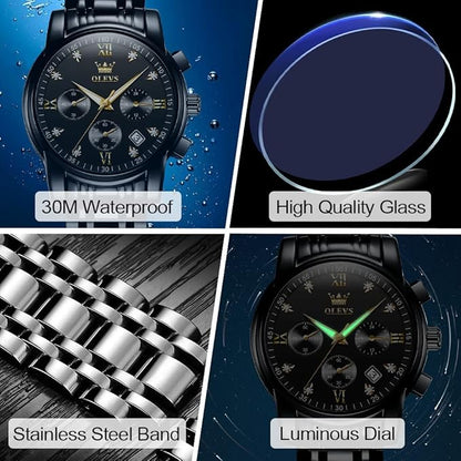OLEVS Men's Stainless Steel Chronograph Watch, Big Face Gold Silver Black Tone Easy to Read Analog Quartz Watch, Luxury Waterproof Date Diamond Roman Arabic Numerals Dial Dress Watch for Men