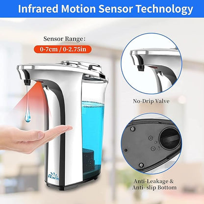 FKWin Automatic Soap Dispenser, Touchless Sensor Hand Soap Dispenser 17oz/500ml, 5 Adjustable Dispensing, Wide Opening Refillable Reservoir, Battery Powered for Bathroom & Kitchen – Silver
