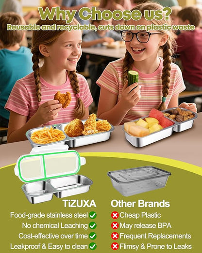 2Pack Stainless Steel Snack Containers for Kids Adults, Reusable Double Compartment Snackle Box Container with Leakproof Lids Metal Bento Lunch Food Snack Box for Travel Picnics Camping Office School