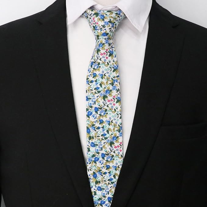Cotton Floral Ties for Men 2.76" Men's Skinny Tie Linen Flower Printed Neck Tie for Wedding Dating Party