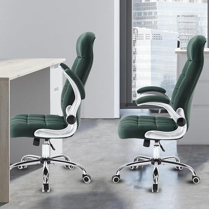 High Back Fabric Office Chair, Velvet Executive Desk Chair with Flip-Up Arms, Ergonomic Office Chairs with Lumbar Support, Upholstered Home Computer Swivel Chair with Wheels(Green)