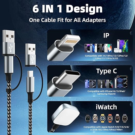 Travel Essentials, 3 in 2 UB A/USB C Cable for Watch Charger, Multi Phone Charging Cable/Cord for All Devices for iWatch Ultra/SE/10-1, Phone16 15 14, Android, iPads, More (2Packs 5FT)