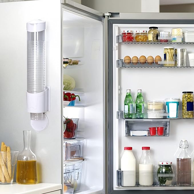 Cup Dispenser, Water Cooler Pull Type Cup Holder Fits 5oz - 7oz Cone or Flat Bottom Cups, Paste or Screw Plate Wall Mount, 15" Tube Length White