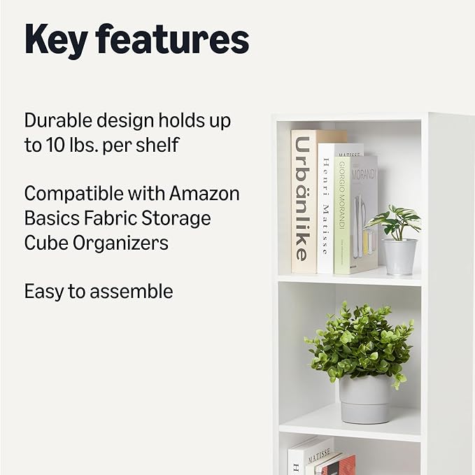 Amazon Basics 3-Cube Bookcase Compatible with Fabric Storage Cube Organizers, White
