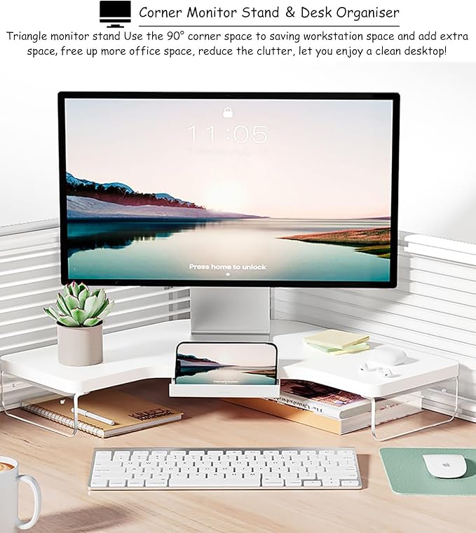 Corner Monitor Stand Clear Acrylic Leg ＆ Wood Corner Screen Stand, L-Shape Desk Triangle Riser for Monitor/Laptop/Computer, Corner Organizer with Drawer (Color : White)