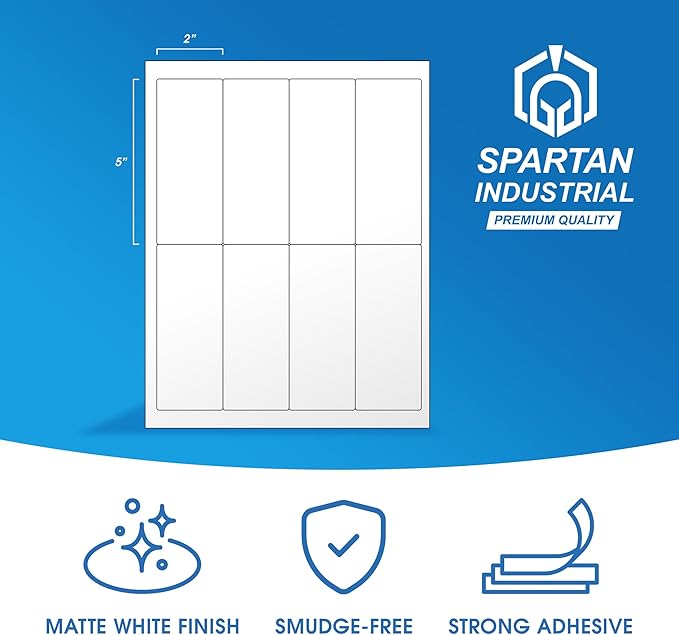 2" X 5" Matte White Shipping Labels Compatible with Inkjet and Laser Printers - 30 Sheets, 240 Printable Paper Stickers for Mailing, Packages, Addresses - Spartan Industrial Template R006