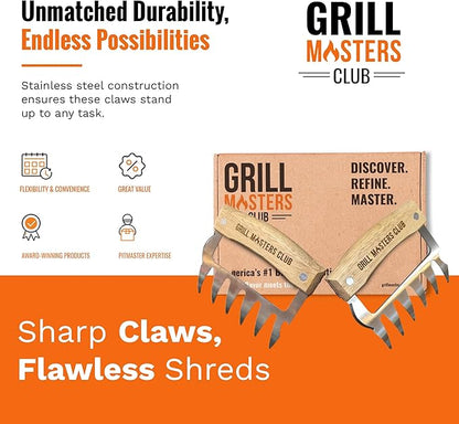 Grill Masters Club Meat Claws | Stainless Steel Pulled Pork Shredding Claws with Wooden Handle | BBQ Meat Claw for Shredding, Lifting & Serving Pork, Brisket | Perfect Grilling Gift for Men & Women