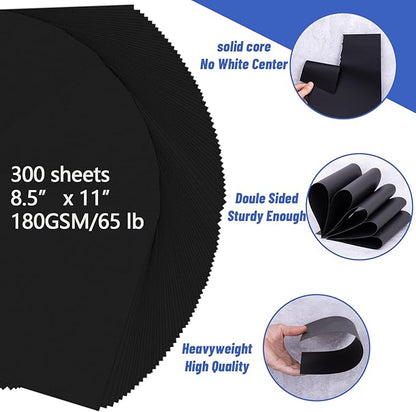 Black Cardstock Paper 8.5'' x 11'', 300 Sheets 180gsm/65 lb Black Printer Cover Card Stock, Premium Heavy Construction Paper for Card Making Printing Craft Drawing Scrapbooking Cutting