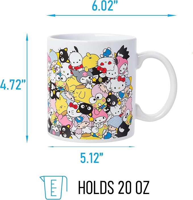 Silver Buffalo Sanrio Hello Kitty and Friends Featuring Badtz-Maru, Keroppi, My Melody, Pochacco, Chococat, Pompompurin, and Little Twin Stars Ceramic Mug, 20 Ounces