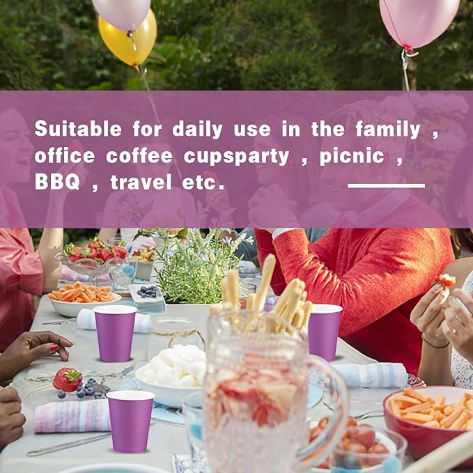 Paper Cups 8 oz 25 Pack, Disposable Paper Coffee Cups for Hot or Cold Beverage Drinking for Party, Picnic, BBQ, Travel, and Event -Purple