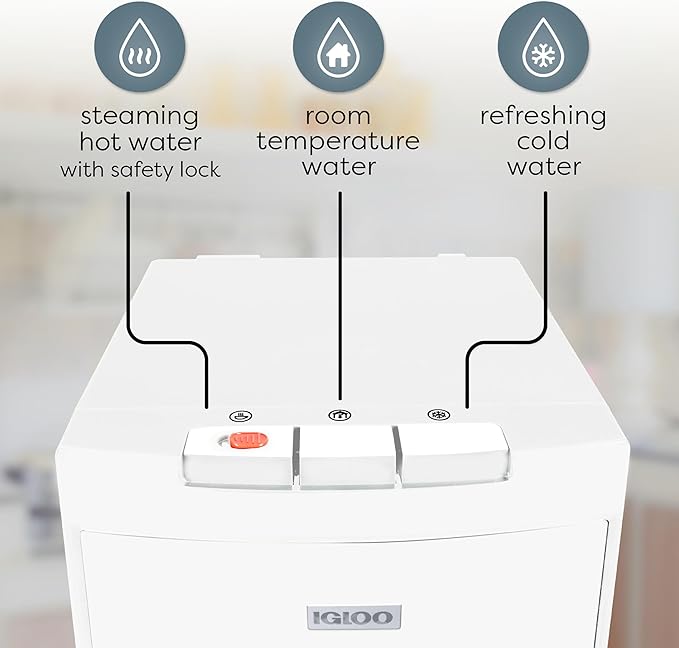 Igloo Bottom Load Water Cooler Dispenser - Hot, Cold, or Room-Temperature Water - Holds 3 or 5 Gallon Bottles - Child Safety Lock - Perfect for Homes, Kitchens, Dorms - White Stainless