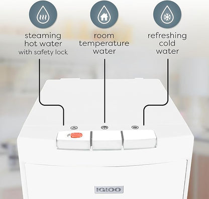 Igloo Bottom Load Water Cooler Dispenser - Hot, Cold, or Room-Temperature Water - Holds 3 or 5 Gallon Bottles - Child Safety Lock - Perfect for Homes, Kitchens, Dorms - White Stainless