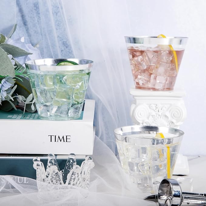 Nervure 120PCS Silver Plastic Cups - 9Oz Silver Rimmed Plastic Cups - Heavy Duty Plastic Cup with Silver Rim Perfect for Weddings, Receptions & Parties