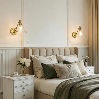 Industrial Vintage Slope Pole Wall Mount Single Sconce with Funnel Flared Clear Glass Shade, Swing Arm Wall Sconce Light Lamp Fixture Hardwired