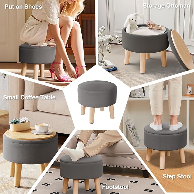 Poofzy Small Ottoman with Storage, Small Foot Stool Ottoman with Wood Legs, Velvet Foot Rest for Couch, Living Room and Bedroom - Gray